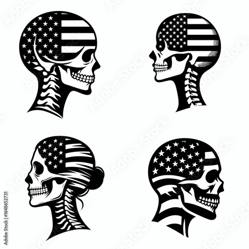 female skeleton head with american flag print on. Independence Day 4th of July Patriotism Usa America Clipart Line Art Vector Illustration. Woman skull visage stars and stripes pattern.
