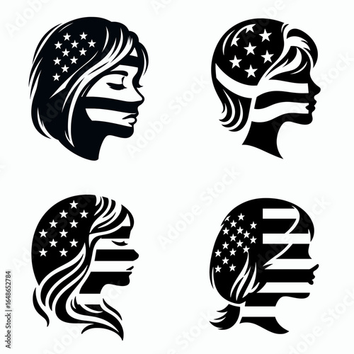 girl head with american flag print on. Independence Day 4th of July Patriotism Usa America Clipart Line Art Vector Illustration. Female cranium plus banner image upon visage for.