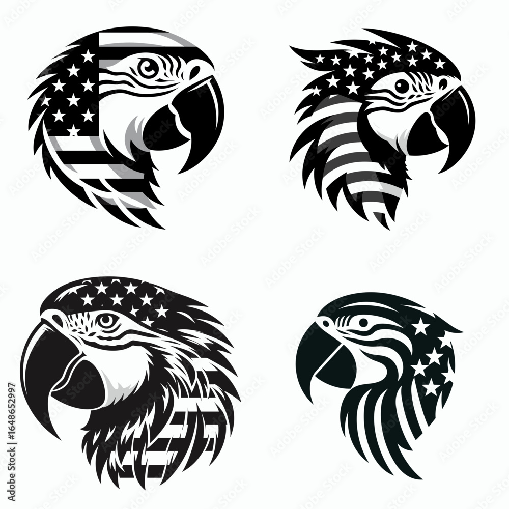 Obraz premium Parrot head with american flag print on. Independence Day 4th of July Patriotism Usa America Clipart Line Art Vector Illustration. Bird face stars and stripes pattern upon.