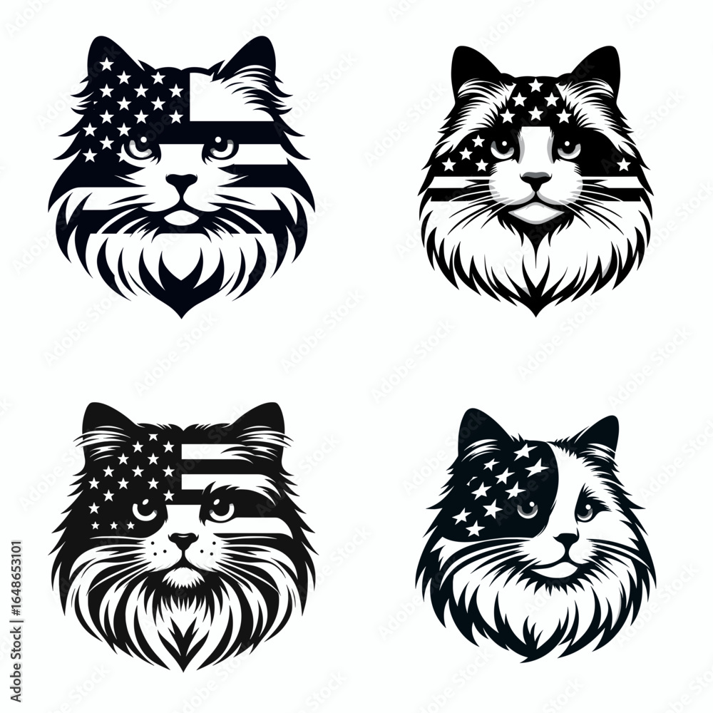 Obraz premium Ragdoll Cat head with american flag print on. Independence Day 4th of July Patriotism Usa America Clipart Line Art Vector Illustration. Feline face stars and stripes design pet portrait.