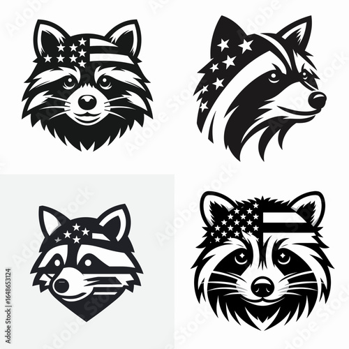 Raccoon head with american flag print on. Independence Day 4th of July Patriotism Usa America Clipart Line Art Vector Illustration. Masked bandit face stars and stripes graphic design.