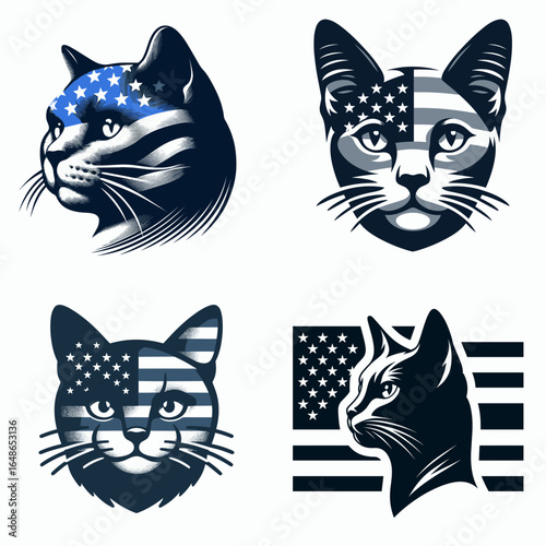 Russian Blue Cat head with american flag print on. Independence Day 4th of July Patriotism Usa America Clipart Line Art Vector Illustration. Patriotic domestic shorthair feline face stars.