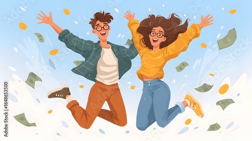 Two friends jumping for joy as money rains down around them