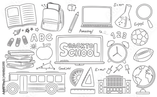 Back to School – Cute School Item Design Elements for School Children and Classroom Stationery to Study and Learn_monotone line