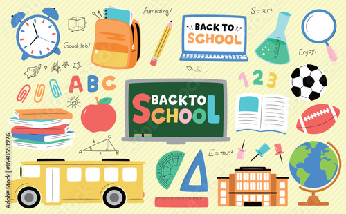 学校や教室の手書きかわいいイラストセット_新学期や入学・勉強に_フラットと落書き風シンボル