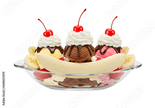 Delicious ice cream sundaes served with whipped cream cherries and banana slices on a glass dish