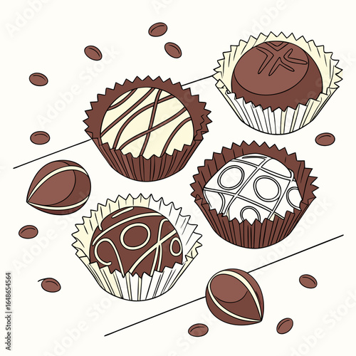 Delicious Chocolate Truffles Assortment, Vibrant Food Illustration, Warm Palette, Sweet Treats, Artistic Viewpoint