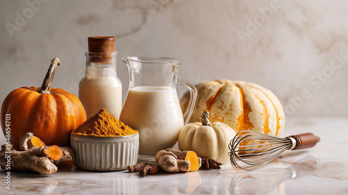 Fototapeta Naklejka Na Ścianę i Meble -  Pumpkin spice ingredients arranged on a marble surface: pumpkins, plant-based milk, turmeric, ginger, and spices. Clean and natural composition ideal for seasonal food content