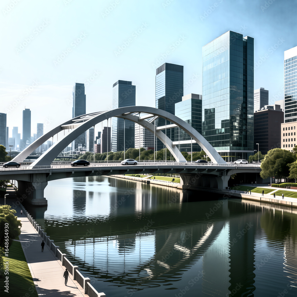 Naklejka premium Bridge over river in contemporary cityscape