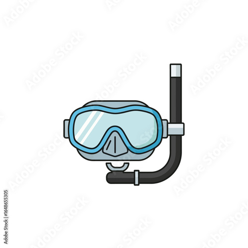 A simple cartoon illustration of a blue and grey diving mask with an attached black snorkel, isolated on a white background.