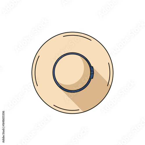 A flat design vector illustration of a beige straw sun hat with a dark blue band, viewed from above.