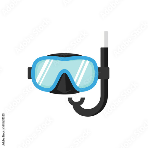 A flat vector illustration of a blue snorkeling mask and an attached black snorkel for diving.