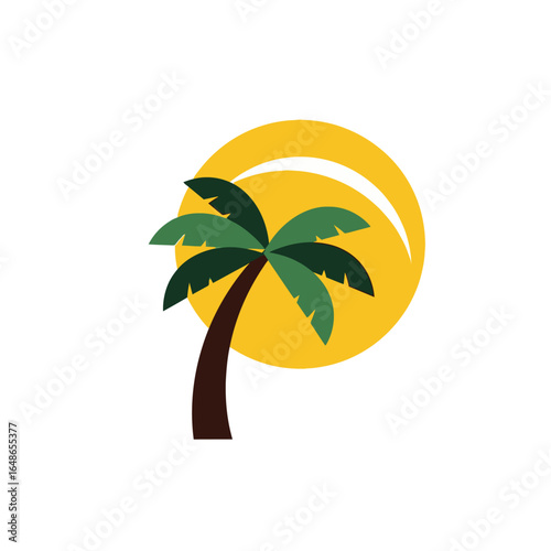 A simple flat design icon of a tropical palm tree in front of a bright yellow sun.