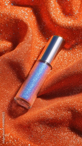 Shimmering lip gloss on orange textured fabric