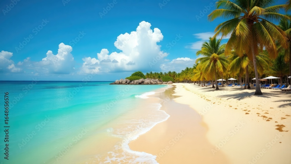 Tropical paradise beach scene under a vibrant blue sky. Tropical paradise beach scene under a vibrant blue sky.