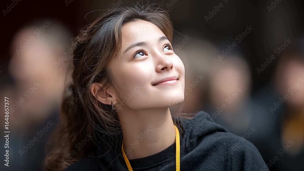 Asian woman smiles and looks up at the sky Asian woman smiles and looks up at the sky