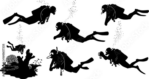silhouettes of scuba divers, underwater, diverse poses, full scuba gear, vector