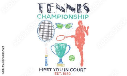 Tennis accessories art. Tennis court graphic design. Tennis club artwork for t shirt, posters, stickers, background and others.  Tennis championship oil pastel logo design. 