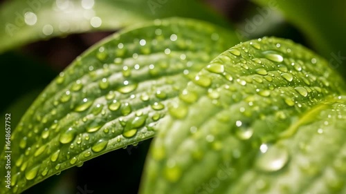 Glistening Green Leaves: Dewdrops Dance in Morning Light