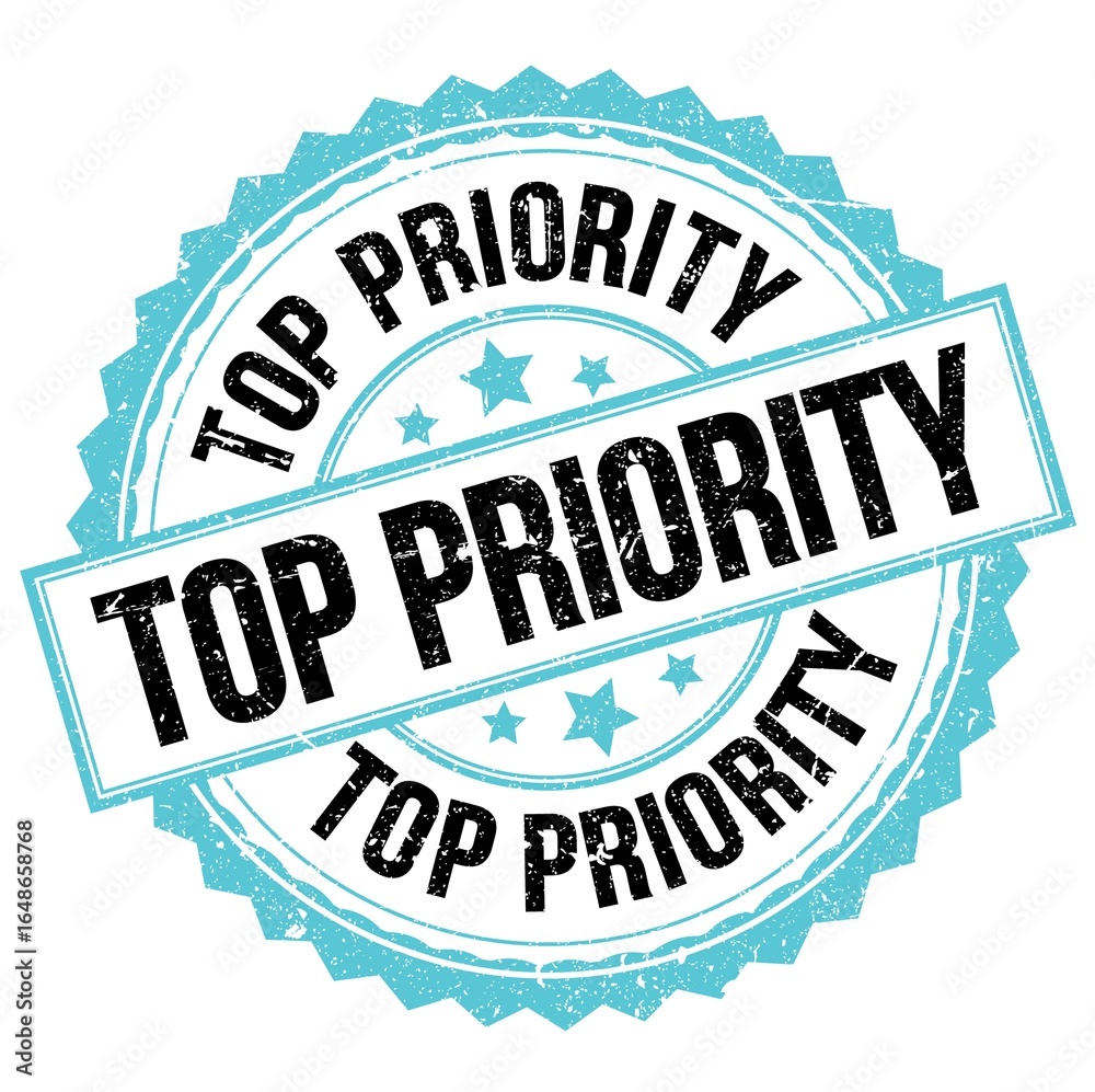 Obraz premium TOP PRIORITY text on blue-black round stamp sign