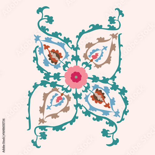 Bright Uzbek Suzani textile fragments with traditional floral and geometric designs from Central Asia. Great for backgrounds, fabric prints, and decorative projects.