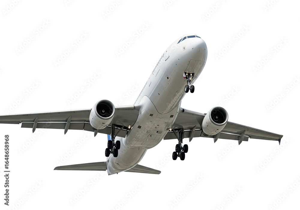 Fototapeta premium A commercial aircraft flying with its landing gear extended, viewed from below on a transparent surface.