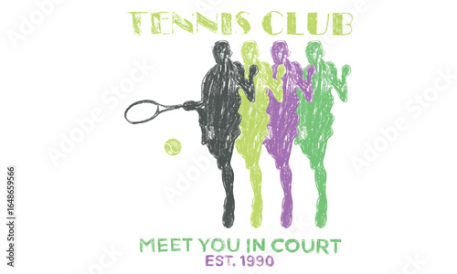 Meet you in court. oil pastel design. Tennis logo design. Tennis court graphic design. Tennis club artwork for t shirt, posters, stickers, background and others.
