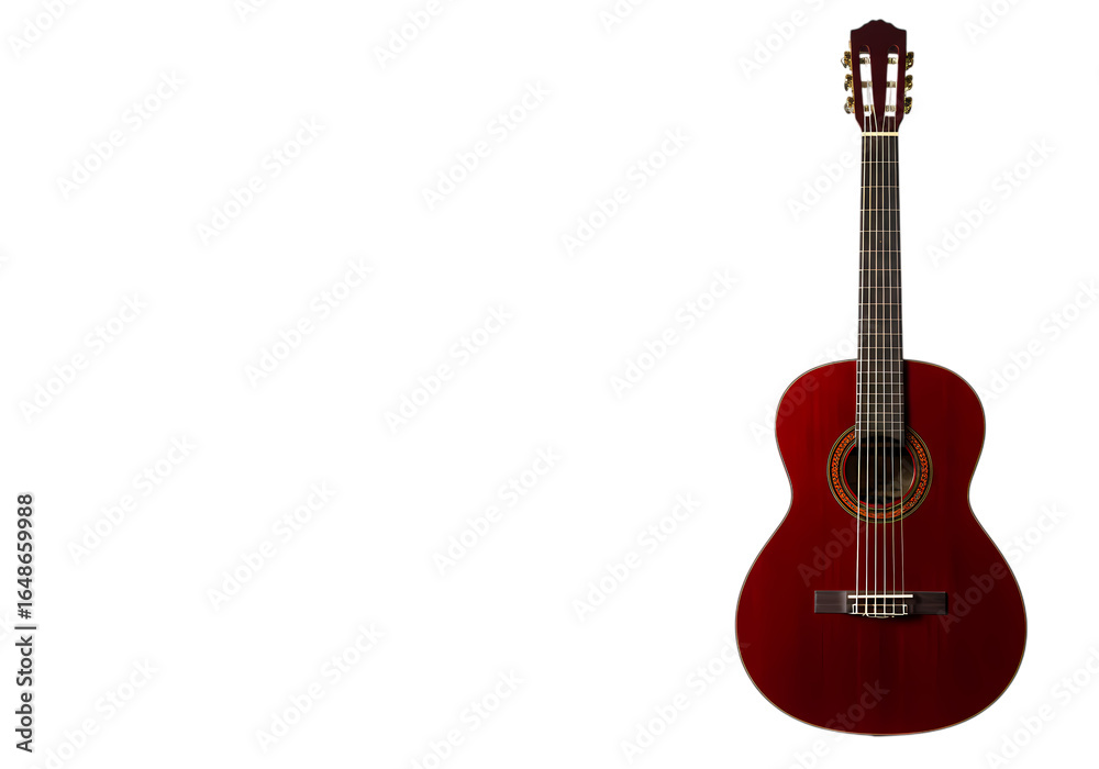 Naklejka premium Red Acoustic Guitar Professional Music Instrument Photography on Black Background isolated on transparent background