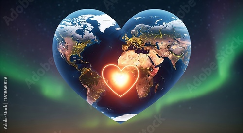 Heart-shaped earth model radiating warmth, symbolizing global connection and affection