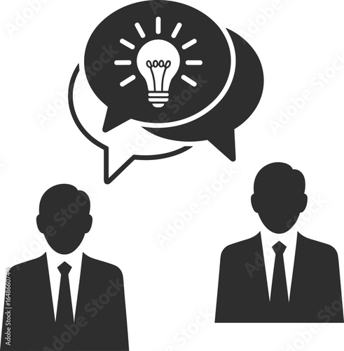 Vector icon of two businessmen discussing a new idea, symbolizing collaboration, innovation, and creative brainstorming in a corporate meeting.