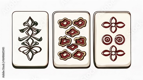 Trio of Ornate Mahjong Tiles with Distinctive Geometric and Floral Designs