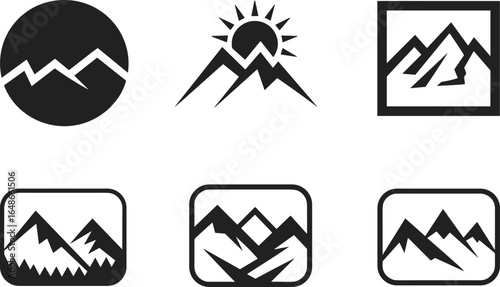Collection of Mountain Landscape Icons and Logo Designs in Various Styles A versatile set of graphical elements for outdoor, travel, and adventure-themed branding.