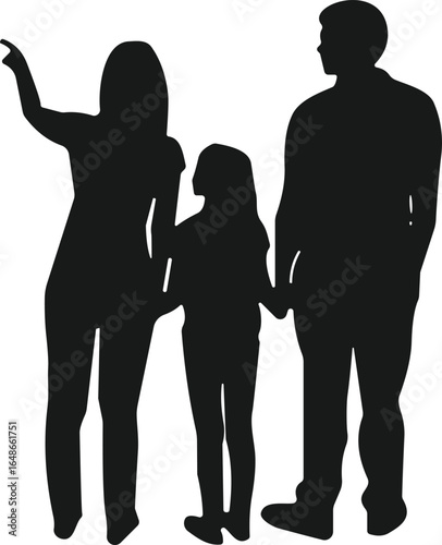 Silhouette of a family of three, a father, mother, and daughter, holding hands and looking out towards something with the mother pointing.