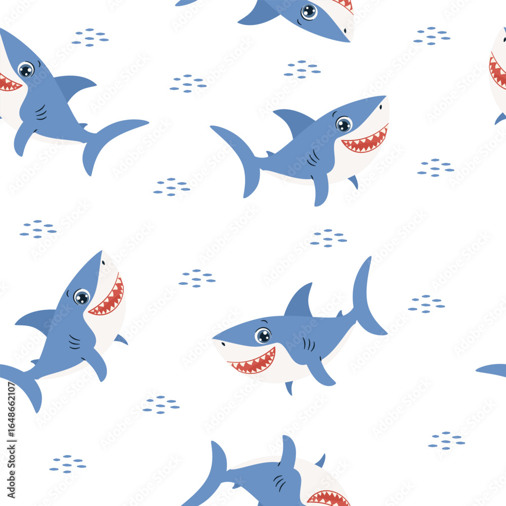 Obraz premium Seamless vector pattern. Cute shark on white background . Vector illustration