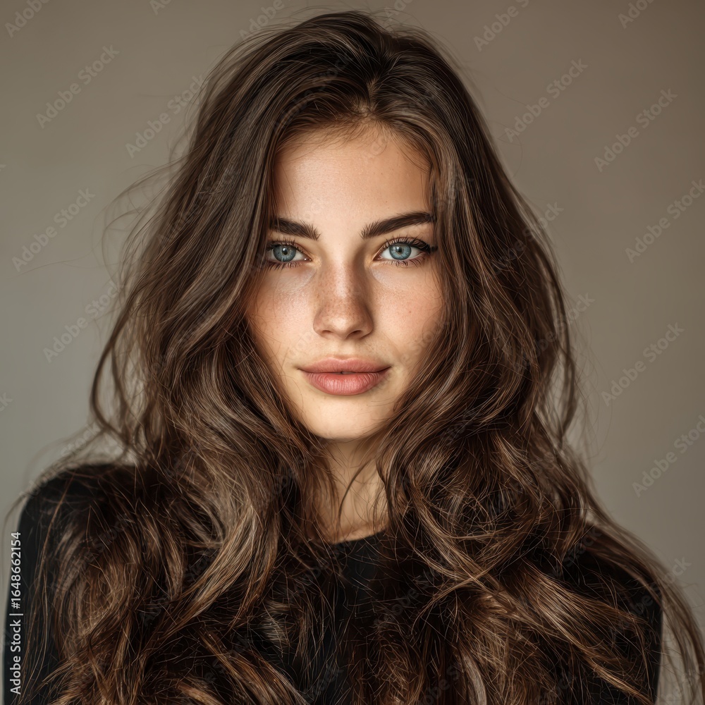 Naklejka premium Portrait of a beautiful young woman with long, wavy brown hair looking at the camera confidently