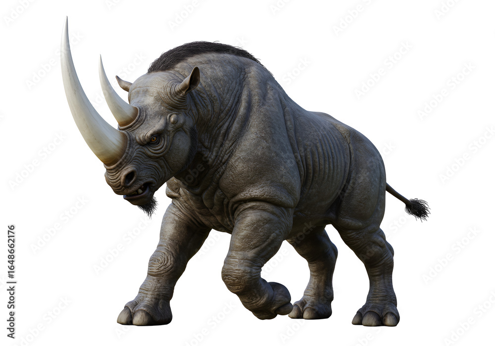 Fototapeta premium Digital rendering of a formidable rhinoceros with exaggerated features on a black background