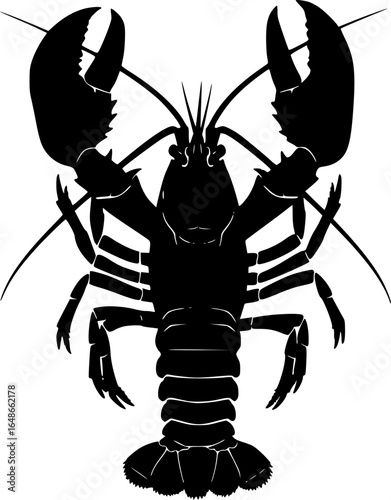  lobster, black silhouette, white background, claws raised, symmetrical composition, detailed legs and antennae, vector illustration