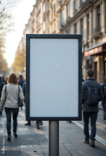   ISO A4 vertical poster mockup on outdoor kiosk stand, pedestrian crowd in soft focus, 3D render.