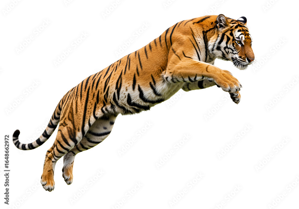 Obraz premium Dynamic Bengal Tiger in Mid-Air Capture Showcasing Power and Grace Against Black Background