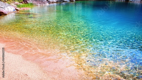Visually striking product photography, commercial poster of a colorful lake, balanced composition with ample copy space for text, advertising background, bright cyan lake with a sandy shore