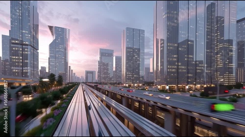 High-speed train travels through modern city streets during sunset in this vibrant urban landscape