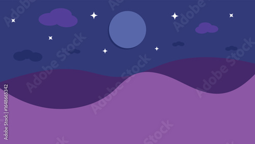 Nite time sleep midnight Simple beautiful minimal modern abstract background design with purple and blue color pallet and geometric shapes. clouds, stars, full moon