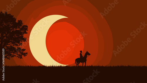 Silhouette of rider on horse under crescent moon at sunset - Concept of Autumn equinox day  