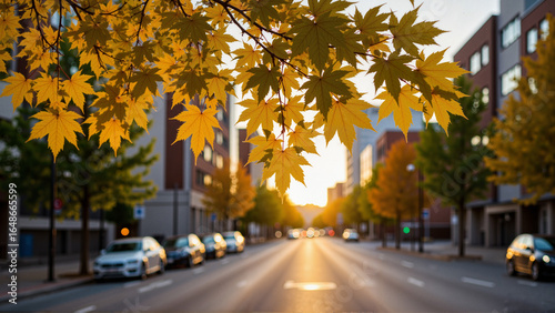 Autumn leaves glowing in sunset over empty city street concept of Autumn equinox day  