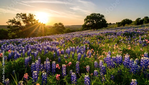 Texas Bluebonnet Field at Sunset with Golden Light and Distant Hills