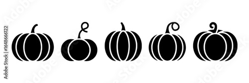 Five Simple Black Pumpkin Icons: Variations in Stem and Ribbing