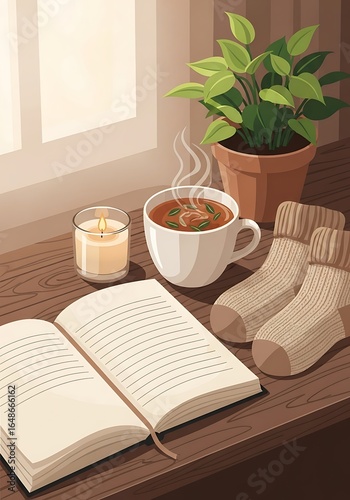 Inviting indoor scene featuring an open book tea warm candle socks and plant near window