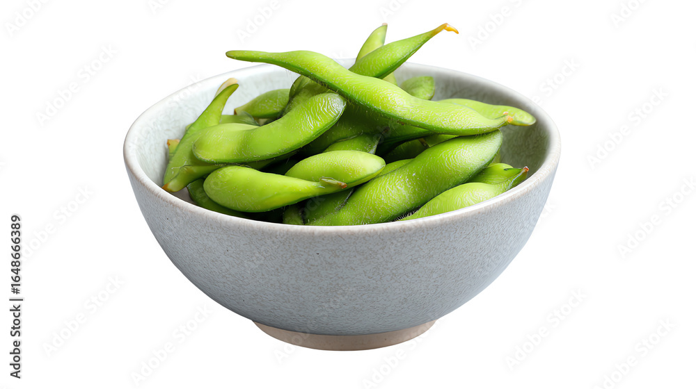 A bowl of fresh green edamame beans on a white isolated background. A bowl of fresh green edamame beans on a white isolated background.