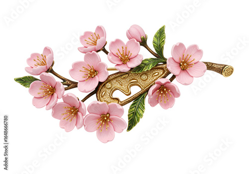 Elegant decorative Japanese hairpin with cherry blossom motifs on a black background