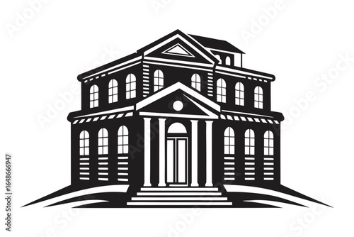 Classic ThreeStory Building with Arched Windows, Columns and White Background Design